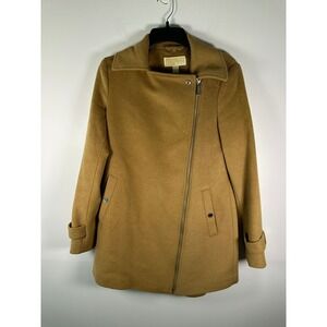 Michael Kors Coat Womens 0 Camel Wool Blend Asymmetric Zip Peacoat Lined Collar